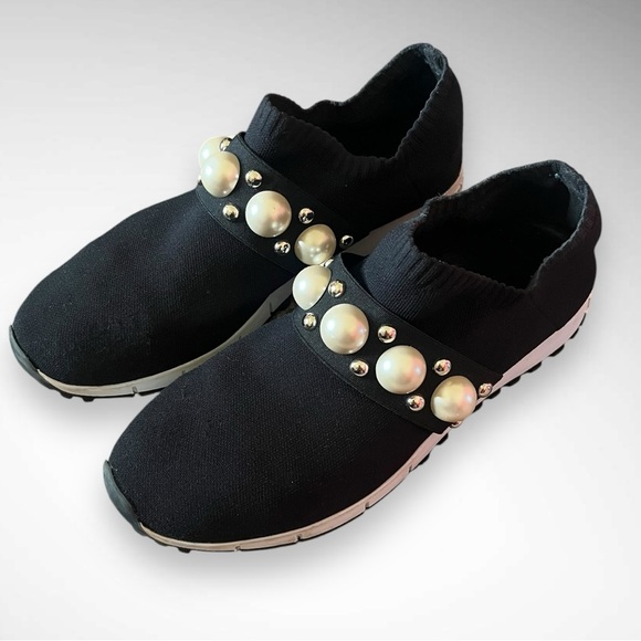 JIMMY CHOO Verona Black Pearl-Embellished Women's Slip-On Sneakers‎ Size 7EUC